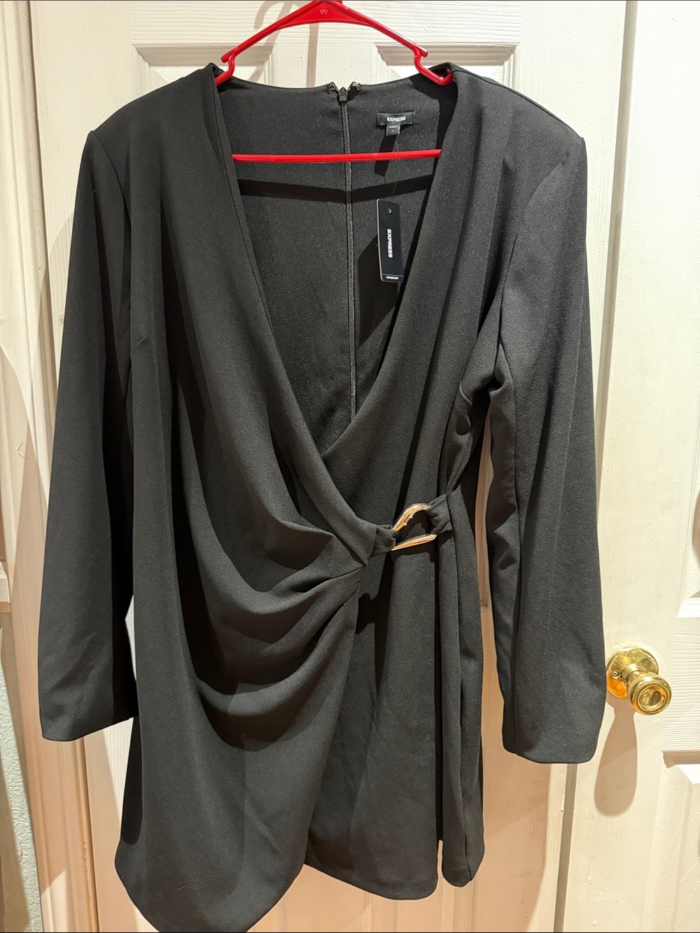 Express Black Wrap-Front Long Sleeve Dress with Gold Buckle